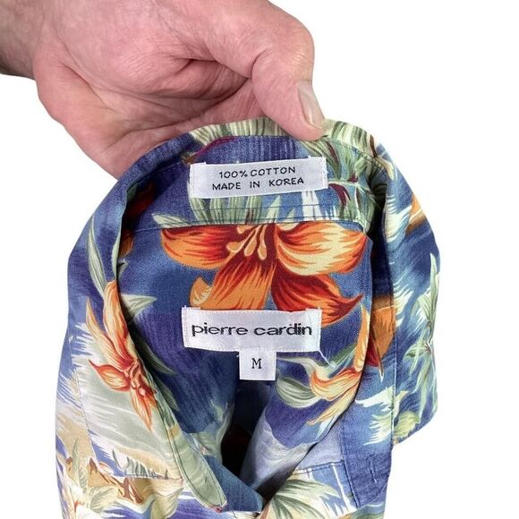 Pierre Cardin Hawaiian Camp Shirt Men M Blue Short Sleeve Floral Island Palm VTG - Picture 7 of 7
